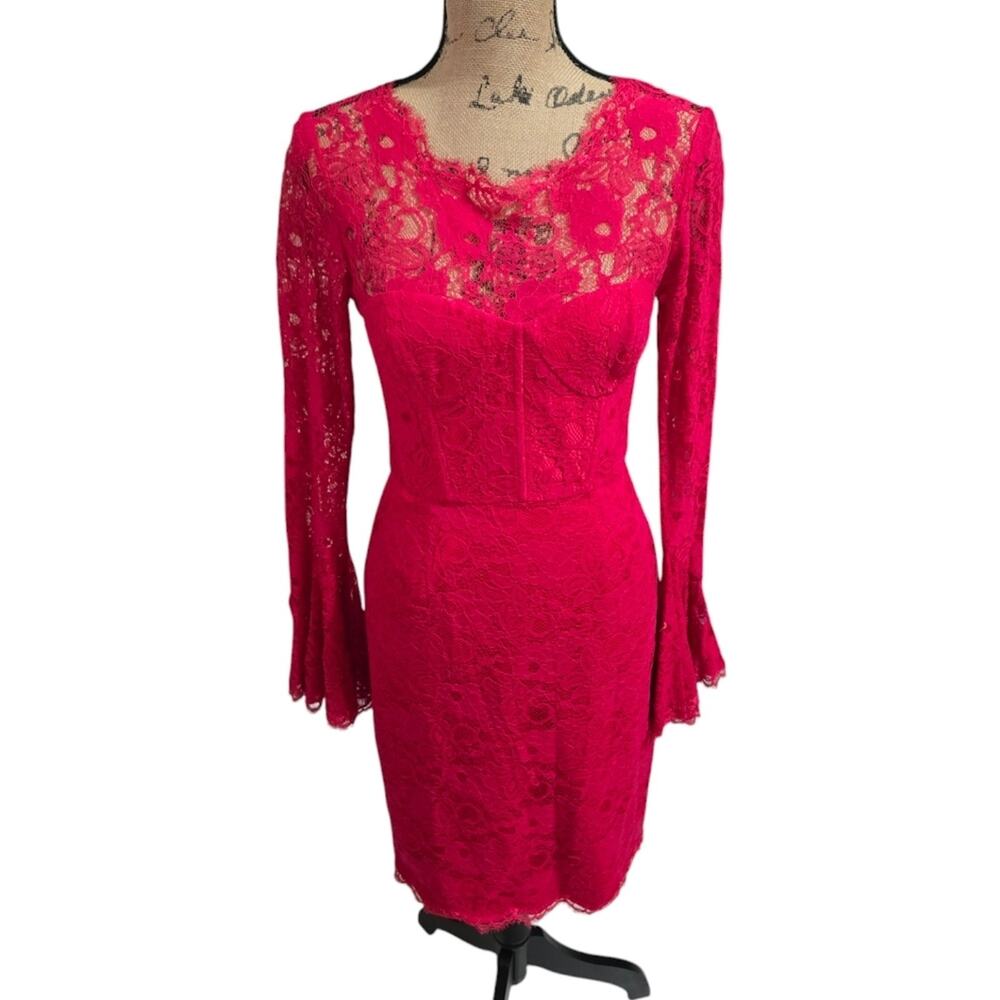 BCBGMaxAzria Hot Pink BarbieCore Lace Bell Sleeve V Back Party Dress Size 6